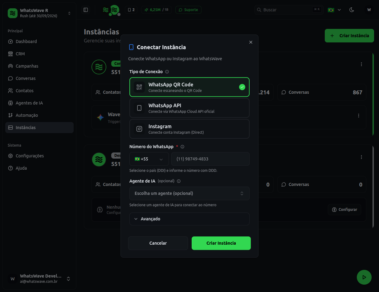 WhatsWave - Modal Conectar instância com QR Code