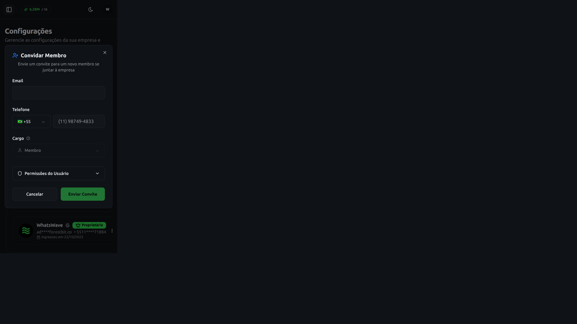 Settings > Membros > Convidar Membro dialog