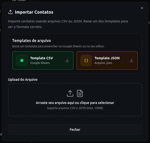 Tela de importação de contatos