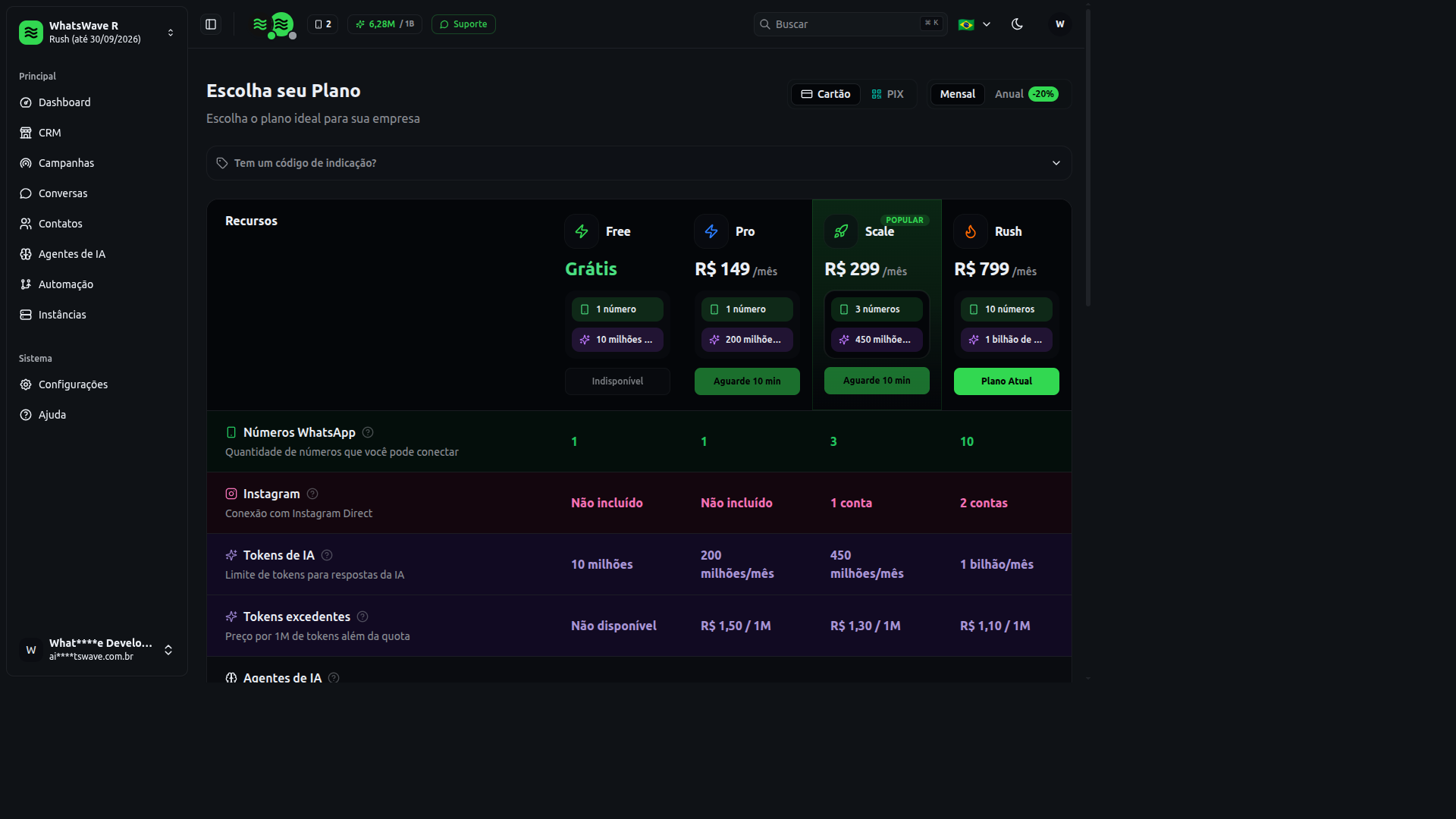 Comparativo de planos na WhatsWave