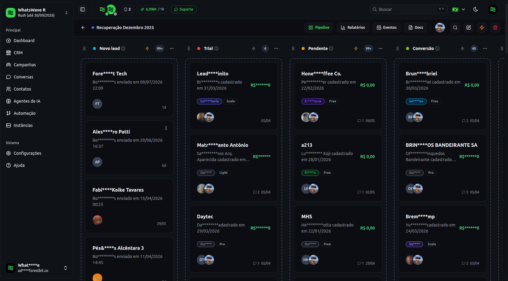 WhatsWave - Quadro CRM com pipeline kanban