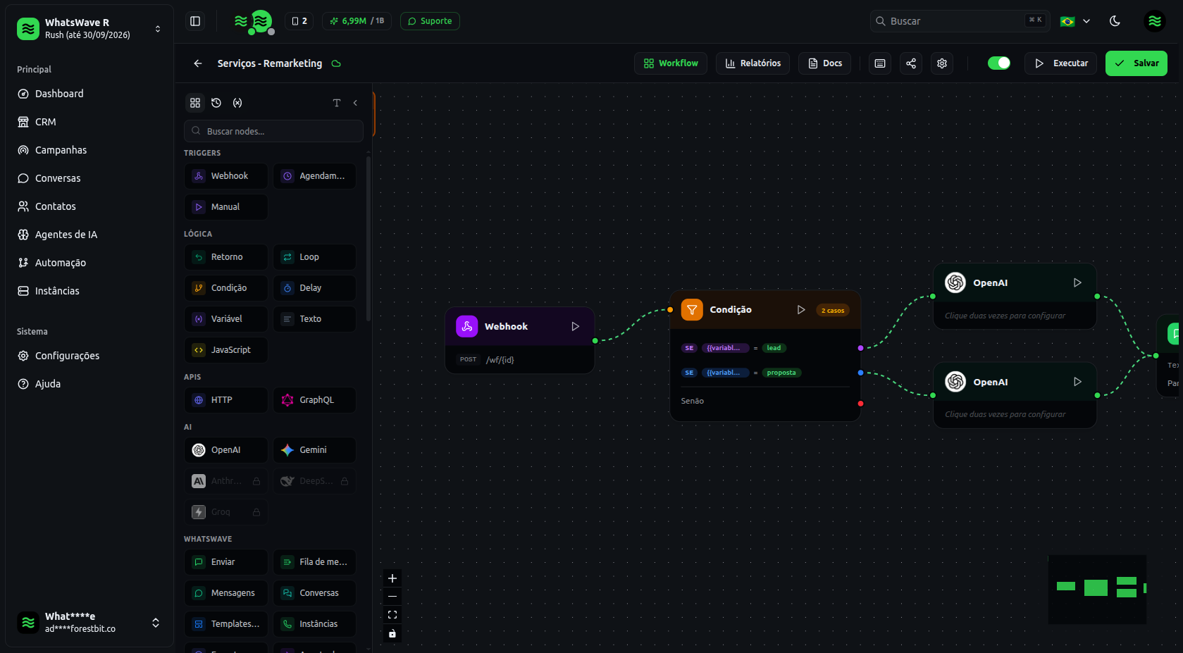 WhatsWave - Editor visual de fluxos de automação com nós e ligações